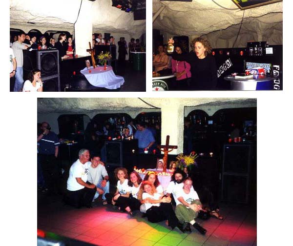 various pictures of the disco nightclub where a priest says mass